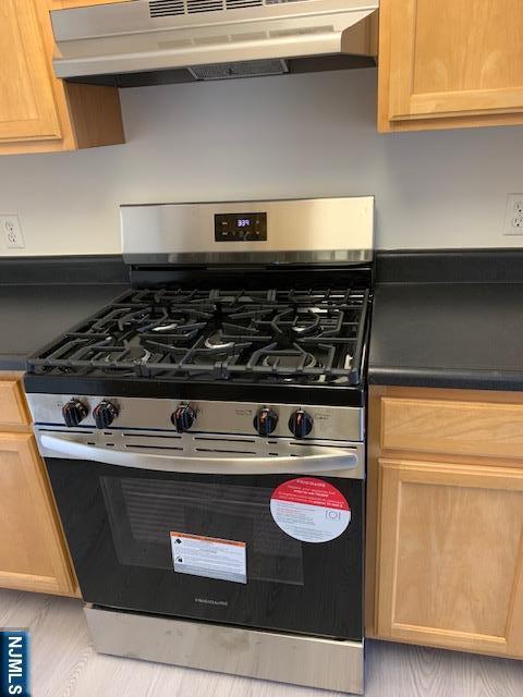 7420 Blvd E Unit 2C, North Bergen, NJ 07047 - kitchen view of stainless steel gas stove, under cabinet range hood, dark countertops, and light brown cabinetry