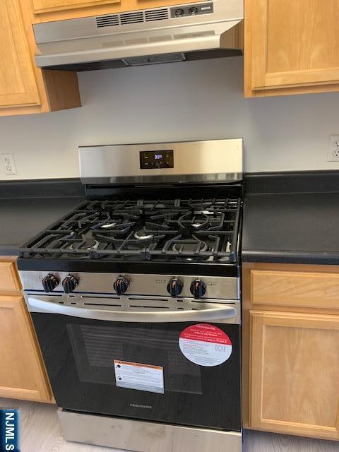 7420 Blvd E Unit 2C, North Bergen, NJ 07047 - kitchen view of stainless steel gas range, under cabinet range hood, dark countertops, and light brown cabinetry
