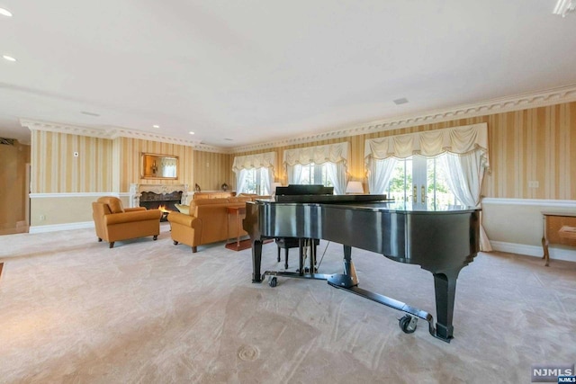 miscellaneous room featuring light colored carpet and ornamental molding