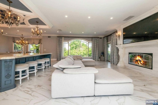 living room with crown molding