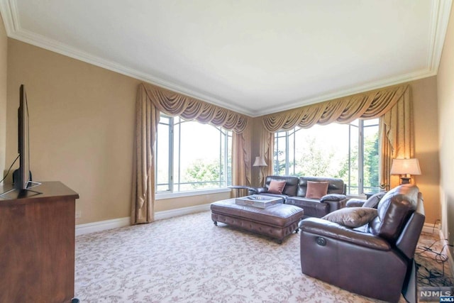 carpeted living room with a wealth of natural light and ornamental molding