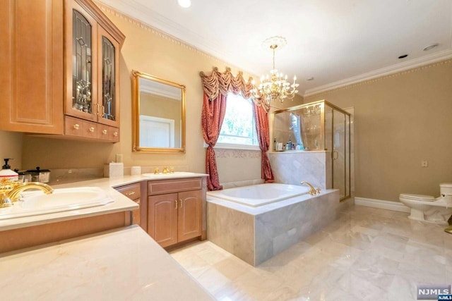 full bathroom with vanity, shower with separate bathtub, toilet, a notable chandelier, and crown molding