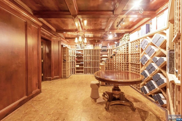 wine area with wood ceiling, crown molding, wood walls, beam ceiling, and coffered ceiling