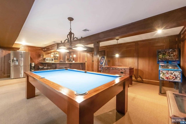 playroom with light carpet, billiards, and wooden walls