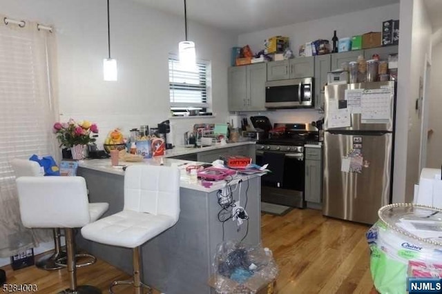 kitchen featuring radiator, kitchen peninsula, decorative light fixtures, appliances with stainless steel finishes, and light wood-type flooring