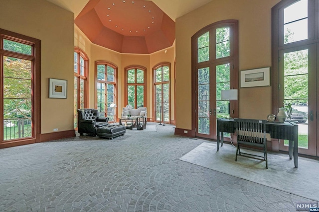 living area featuring plenty of natural light, carpet, and a high ceiling