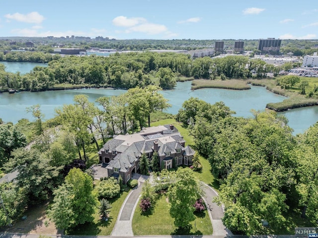 birds eye view of property featuring a water view