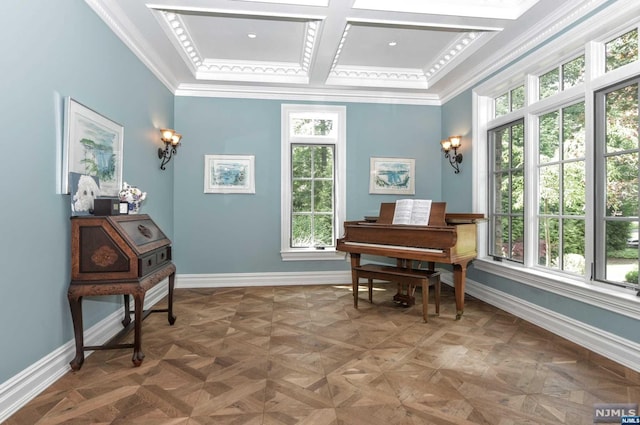 miscellaneous room featuring parquet floors, ornamental molding, and coffered ceiling