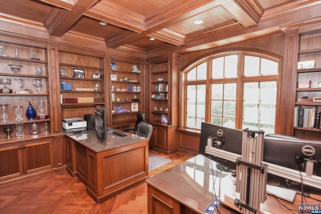 office space featuring built in shelves, wooden walls, and coffered ceiling