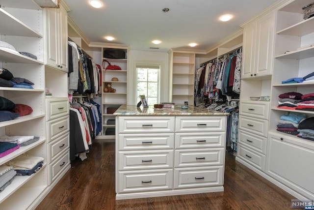 walk in closet with dark wood-type flooring