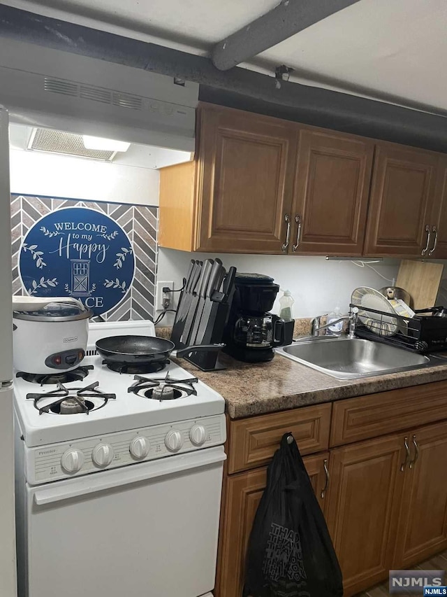 kitchen featuring white stove, extractor fan, and sink