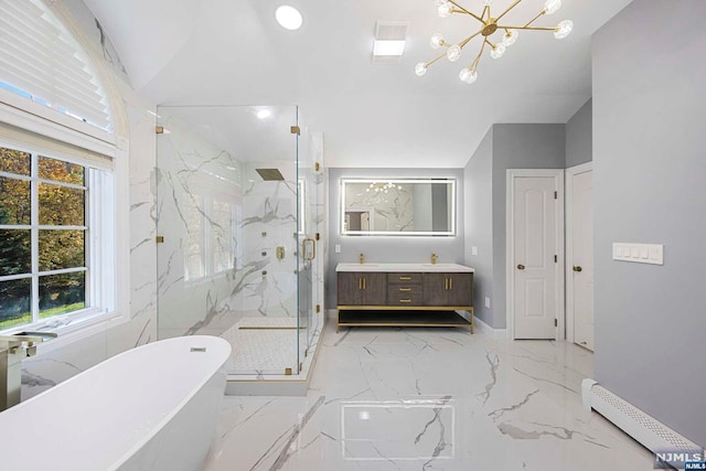 bathroom featuring vanity, a baseboard radiator, independent shower and bath, and a notable chandelier