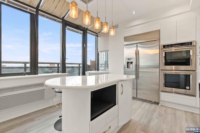 kitchen with stainless steel appliances, white cabinets, light hardwood / wood-style flooring, pendant lighting, and a water view