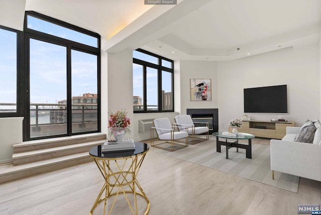 living room with expansive windows and light hardwood / wood-style floors