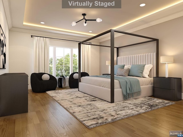 bedroom with a tray ceiling and hardwood / wood-style flooring