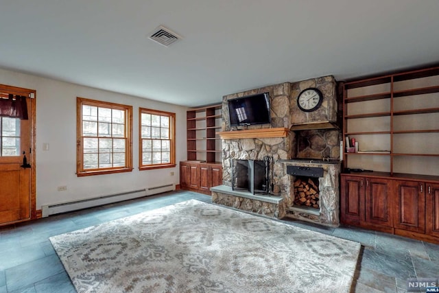 unfurnished living room featuring a fireplace and a baseboard heating unit