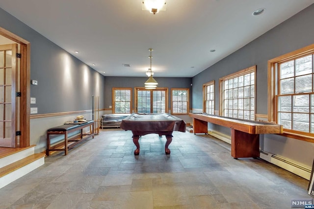 rec room featuring pool table and a baseboard heating unit