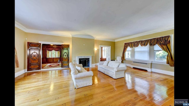 living room with hardwood / wood-style flooring and crown molding