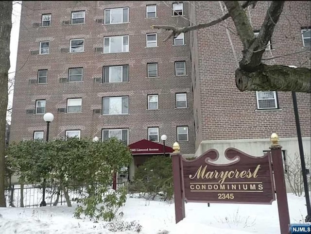 view of snow covered building