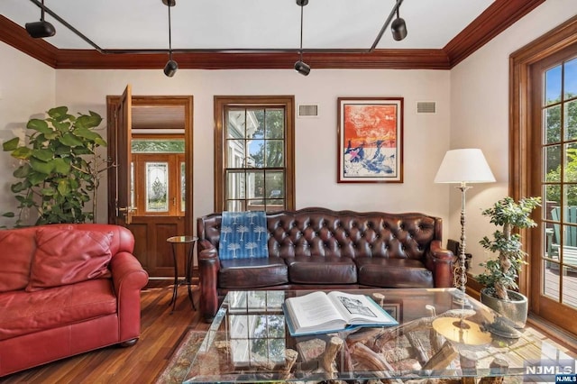 living room featuring ornamental molding and dark wood-type flooring