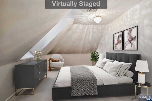 bedroom featuring light carpet and vaulted ceiling