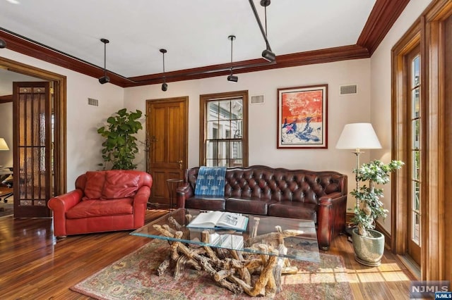 living room featuring dark hardwood / wood-style floors, crown molding, and a wealth of natural light