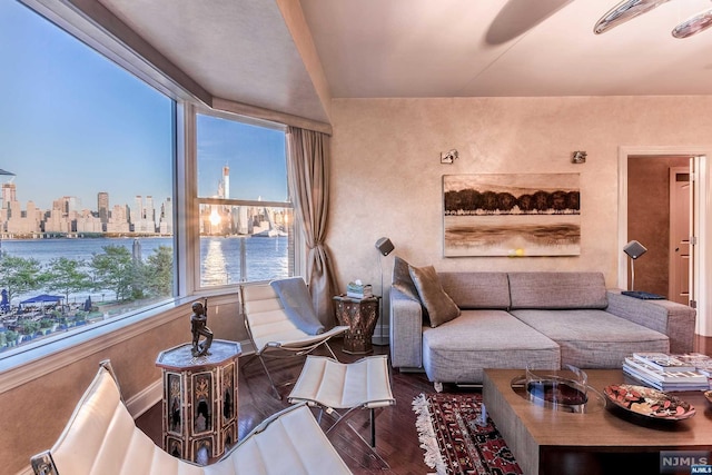 living room with hardwood / wood-style floors and a water view