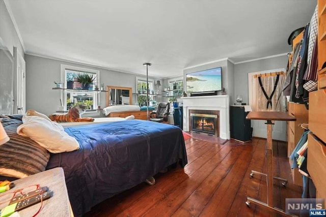 bedroom featuring ornamental molding and dark wood-type flooring