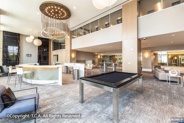 playroom with carpet, billiards, and a high ceiling