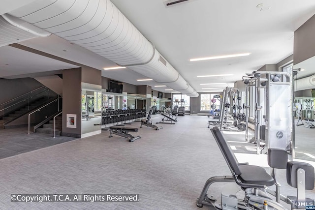 workout area with carpet flooring