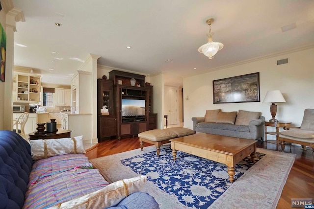 living room with crown molding and dark wood-type flooring