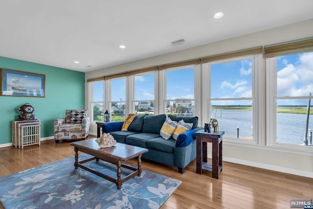 living room featuring hardwood / wood-style floors, a water view, and plenty of natural light