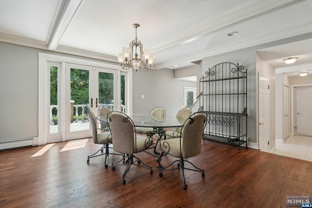 dining area featuring french doors, baseboard heating, hardwood / wood-style flooring, an inviting chandelier, and beamed ceiling