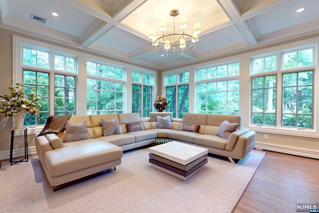 sunroom / solarium featuring a wealth of natural light, coffered ceiling, and an inviting chandelier