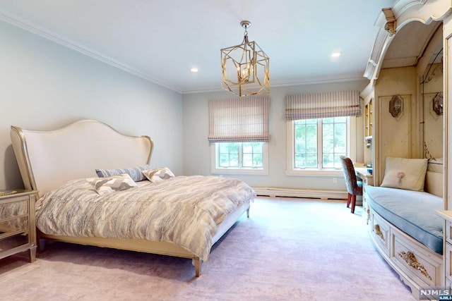 carpeted bedroom featuring a baseboard heating unit, ornamental molding, and a chandelier