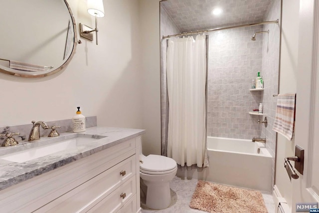 full bathroom with vanity, tile patterned flooring, shower / bathtub combination with curtain, and toilet