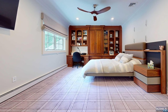 bedroom with ceiling fan, crown molding, built in desk, and baseboard heating