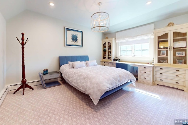 bedroom with light colored carpet, vaulted ceiling, and a notable chandelier