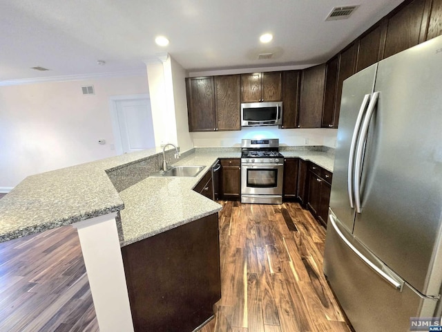 kitchen with dark hardwood / wood-style floors, sink, kitchen peninsula, and stainless steel appliances