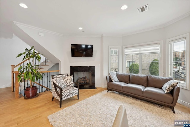 living room featuring hardwood / wood-style floors and ornamental molding