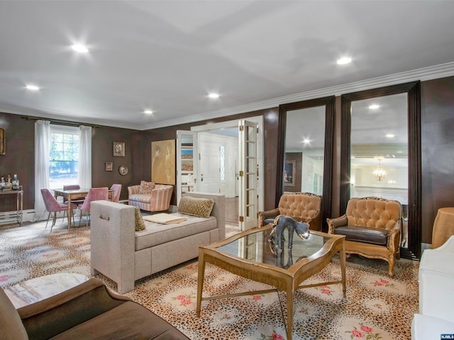 living room with crown molding, french doors, and a baseboard heating unit