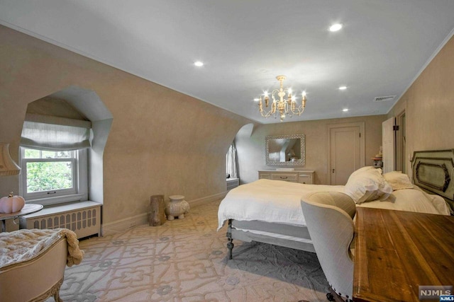 bedroom with ornamental molding, light carpet, radiator, and a chandelier