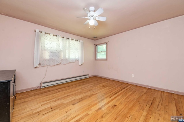 unfurnished room with ceiling fan, a baseboard radiator, and light wood-type flooring