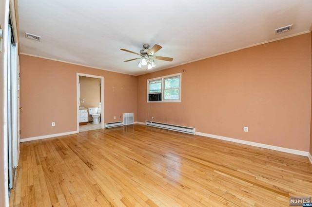 unfurnished bedroom featuring light wood-type flooring, a baseboard radiator, ceiling fan, and ensuite bathroom