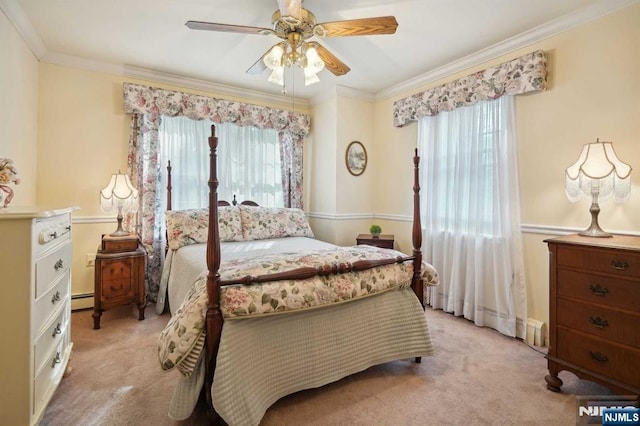 bedroom featuring crown molding, light colored carpet, ceiling fan, and baseboard heating