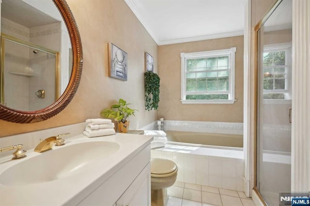 full bathroom with independent shower and bath, vanity, toilet, tile patterned floors, and ornamental molding