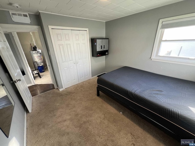 bedroom featuring carpet flooring, a closet, and gas water heater