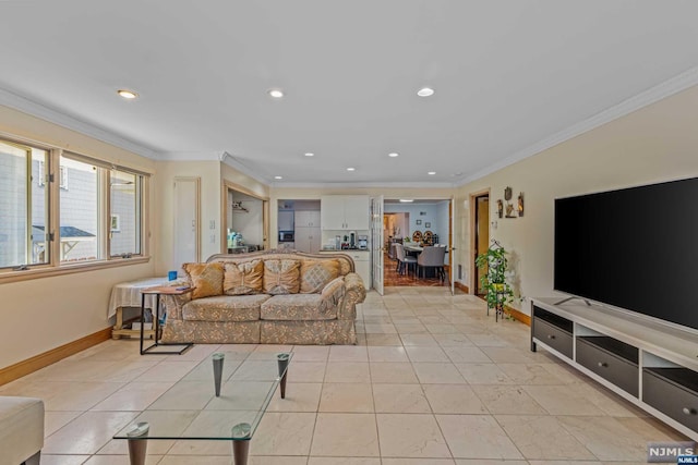 tiled living room featuring ornamental molding