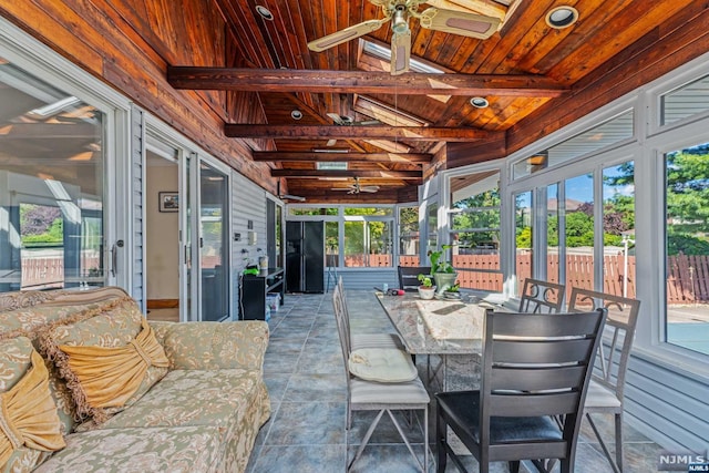 sunroom / solarium with plenty of natural light, lofted ceiling with beams, wooden ceiling, and ceiling fan