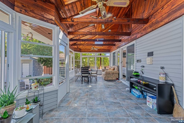 sunroom featuring vaulted ceiling with beams, ceiling fan, plenty of natural light, and wooden ceiling